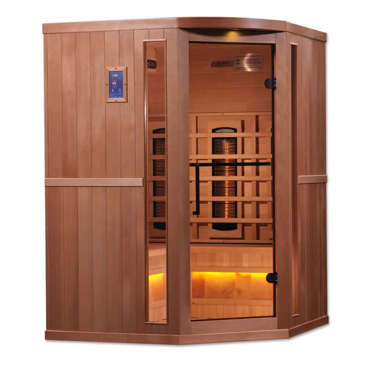 Golden Designs 3-Person Corner Full Spectrum PureTech™ Near Zero EMF FAR Infrared Sauna with Himalayan Salt Bar (Canadian Hemlock) -