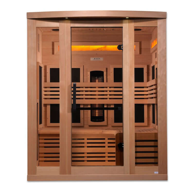 Golden Designs 3-Person Full Spectrum PureTech™ Near Zero EMF FAR Infrared Sauna with Himalayan Salt Bar (Canadian Hemlock) - Front view of wooden sauna with glass door