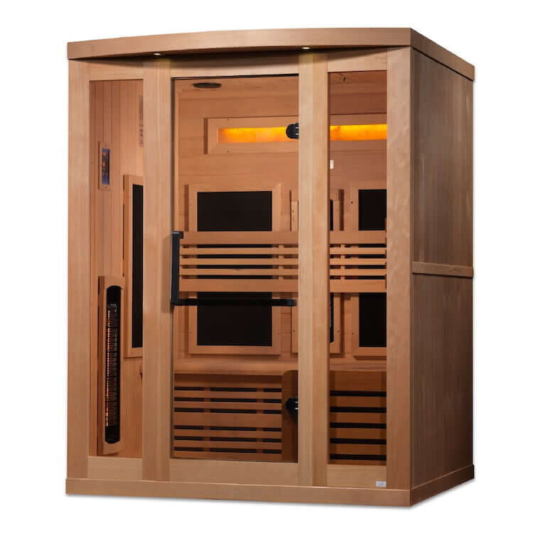 Golden Designs 3-Person Full Spectrum PureTech™ Near Zero EMF FAR Infrared Sauna with Himalayan Salt Bar (Canadian Hemlock) - 3D image of sauna