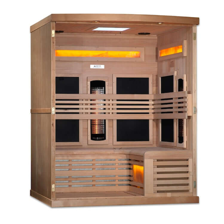 Golden Designs 3-Person Full Spectrum PureTech™ Near Zero EMF FAR Infrared Sauna with Himalayan Salt Bar (Canadian Hemlock) - Interior view of sauna