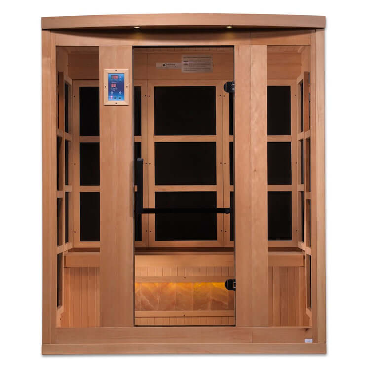 Golden Designs 3-Person "Hotel Edition" Full Spectrum PureTech™ Near Zero EMF FAR Infrared Sauna with Himalayan Salt Bar (Canadian Hemlock) - Front view of wooden sauna with glass door