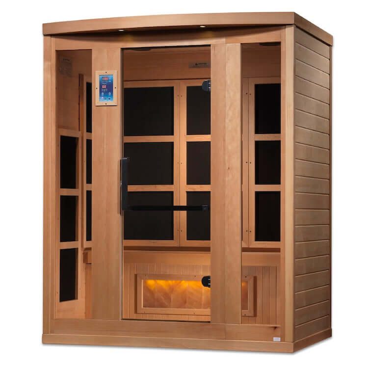 Golden Designs 3-Person "Hotel Edition" Full Spectrum PureTech™ Near Zero EMF FAR Infrared Sauna with Himalayan Salt Bar (Canadian Hemlock) - 3D view of sauna 