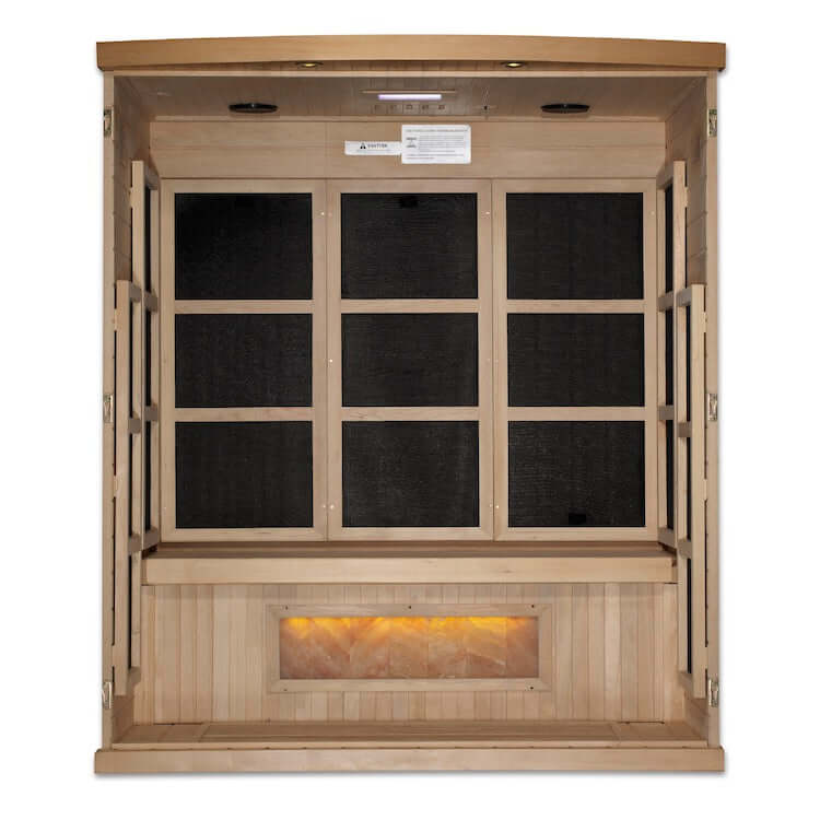 Golden Designs 3-Person "Hotel Edition" Full Spectrum PureTech™ Near Zero EMF FAR Infrared Sauna with Himalayan Salt Bar (Canadian Hemlock) - Interior with sauna panels visible