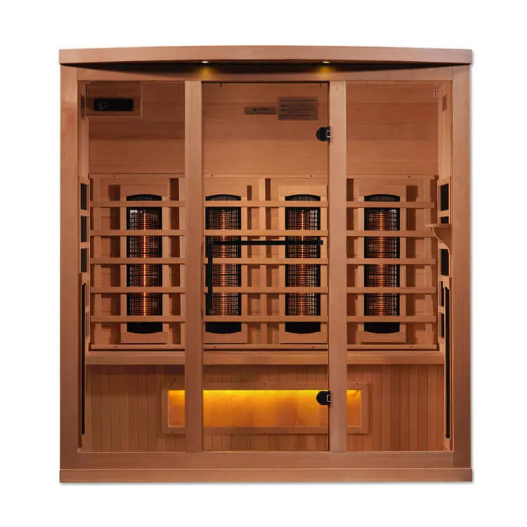 Golden Designs 4-Person Full Spectrum PureTech™ Near Zero EMF FAR Infrared Sauna with Himalayan Salt Bar (Canadian Hemlock) - Front view of wooden sauna with a glass door and windows