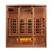 Golden Designs 4-Person Full Spectrum PureTech™ Near Zero EMF FAR Infrared Sauna with Himalayan Salt Bar (Canadian Hemlock) - Front view of wooden sauna with a glass door and windows