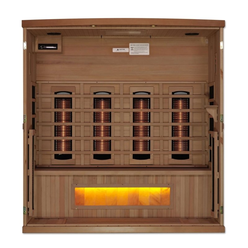 Golden Designs 4-Person Full Spectrum PureTech™ Near Zero EMF FAR Infrared Sauna with Himalayan Salt Bar (Canadian Hemlock) - Interior view with salt bar below bench