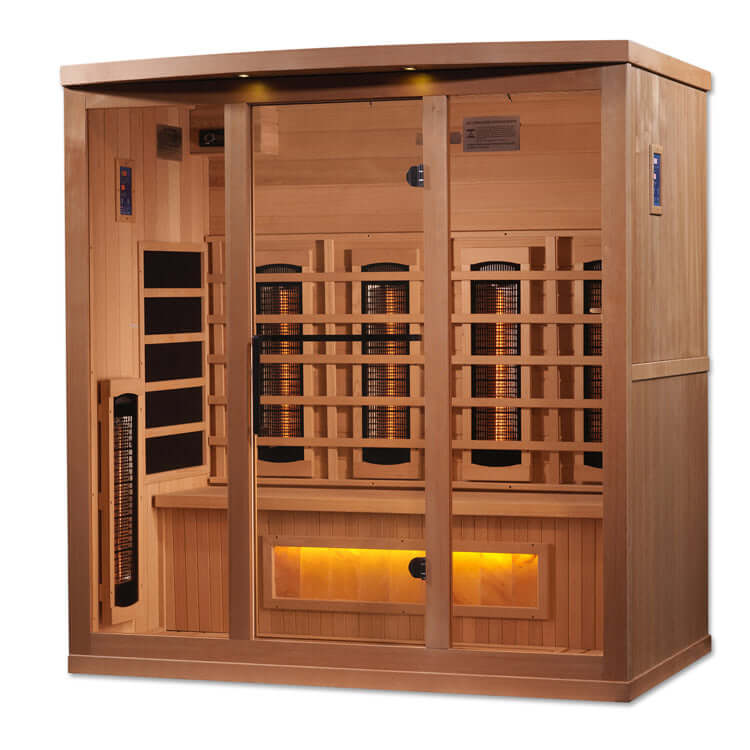 Golden Designs 4-Person Full Spectrum PureTech™ Near Zero EMF FAR Infrared Sauna with Himalayan Salt Bar (Canadian Hemlock) - 3D image of wooden sauna with glass door