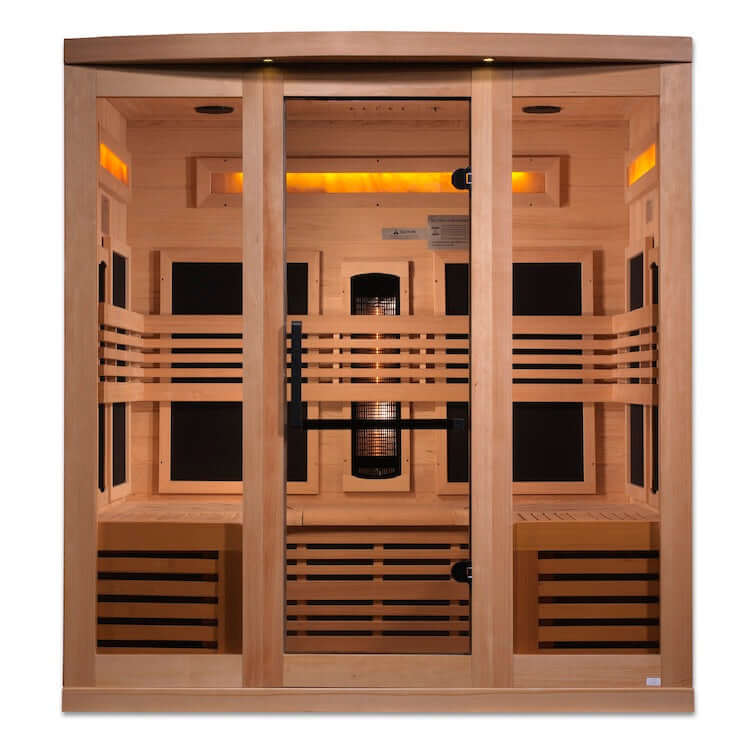 Golden Designs 6-Person Full Spectrum PureTech™ Near Zero EMF FAR Infrared Sauna with Himalayan Salt Bar (Canadian Hemlock) - Front view of wooden sauna with a glass door