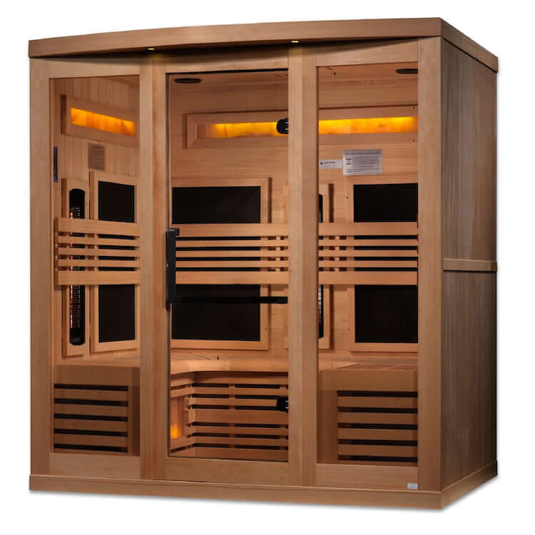 Golden Designs 6-Person Full Spectrum PureTech™ Near Zero EMF FAR Infrared Sauna with Himalayan Salt Bar (Canadian Hemlock) - 3D image of wooden sauna with a glass door and windows