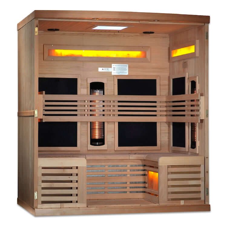 Golden Designs 6-Person Full Spectrum PureTech™ Near Zero EMF FAR Infrared Sauna with Himalayan Salt Bar (Canadian Hemlock) - Interior view of sauna