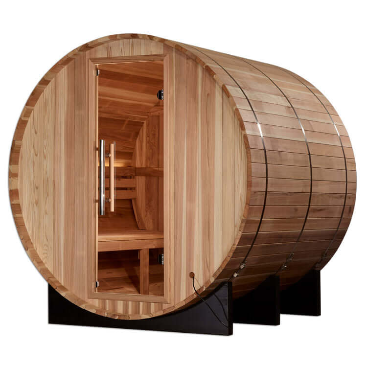 Golden Designs "Arosa" 4 Person Barrel Traditional Steam Sauna - Pacific Cedar - a wooden barrel with a door open