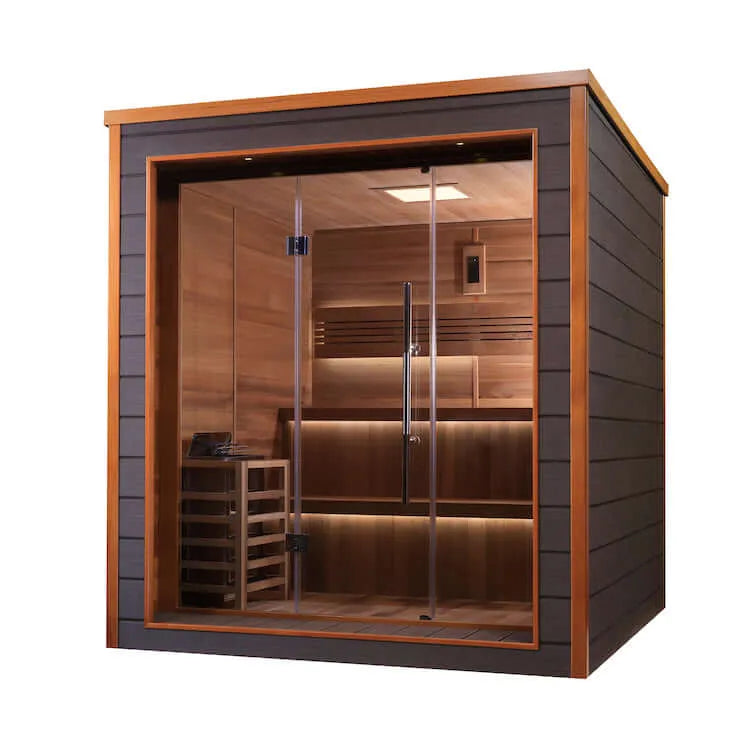 Golden Designs Bergen 6 Person Outdoor-Indoor Traditional Steam Sauna - Canadian Red Cedar Interior - 3D image of sauna with glass door and windows