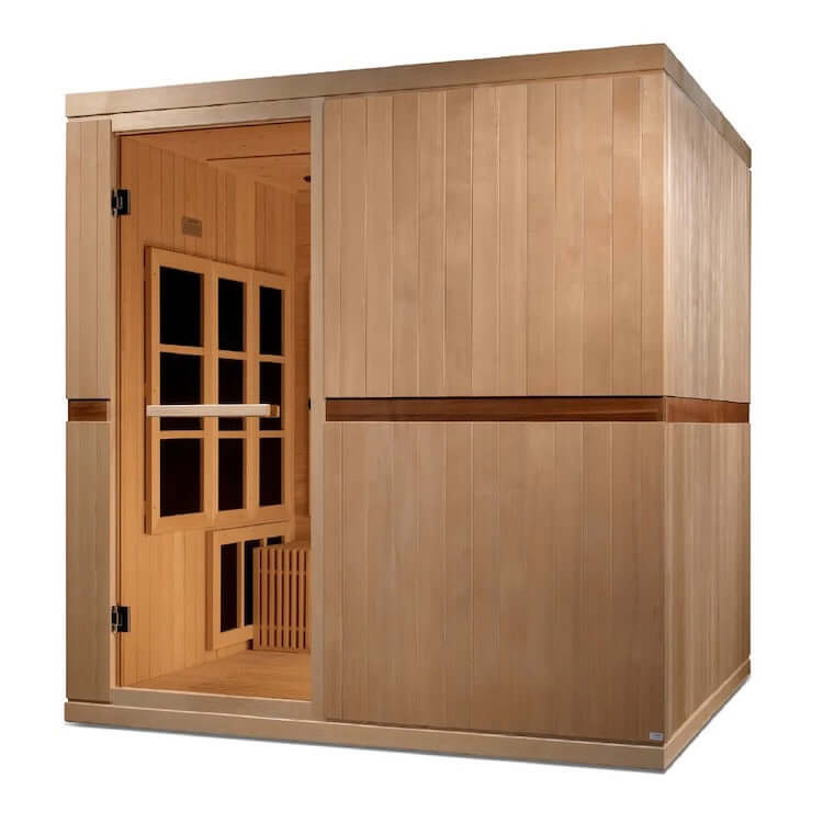 Golden Designs Catalonia 8-person PureTech™ Near Zero EMF (Under 2MG) FAR Infrared Sauna (Canadian Hemlock) - 3D image of a wooden sauna with a glass door