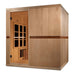 Golden Designs Catalonia 8-person PureTech™ Near Zero EMF (Under 2MG) FAR Infrared Sauna (Canadian Hemlock) - 3D image of a wooden sauna with a glass door