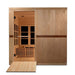 Golden Designs Catalonia 8-person PureTech™ Near Zero EMF (Under 2MG) FAR Infrared Sauna (Canadian Hemlock) -  Front view of wooden sauna with a wooden platform outside the glass door