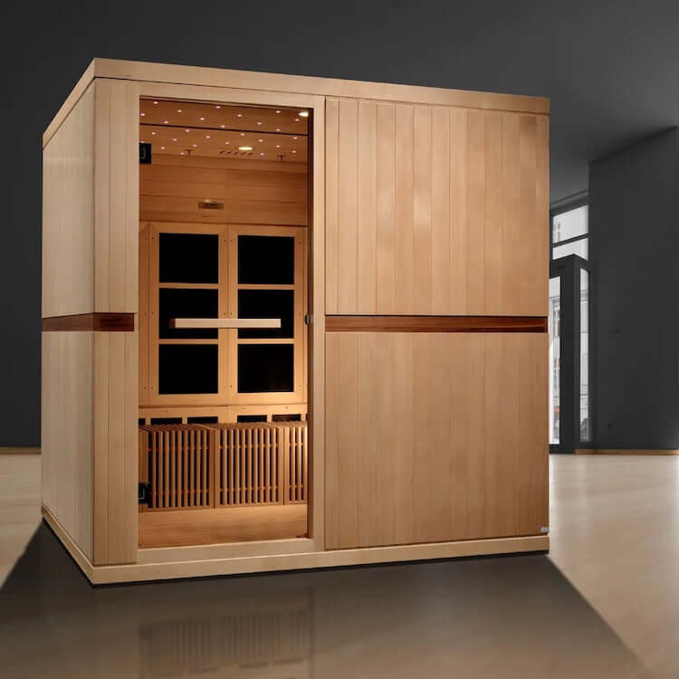 Golden Designs Catalonia 8-person PureTech™ Near Zero EMF (Under 2MG) FAR Infrared Sauna (Canadian Hemlock) - Wooden sauna assembled in a room with black walls