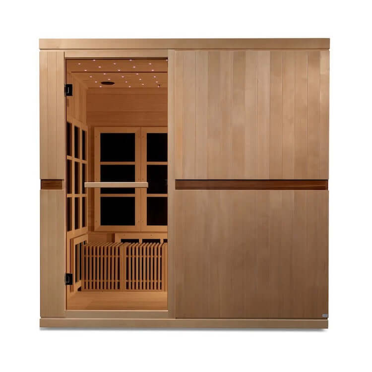 Golden Designs Catalonia 8-person PureTech™ Near Zero EMF (Under 2MG) FAR Infrared Sauna (Canadian Hemlock) - Front view of a wooden sauna with a glass door