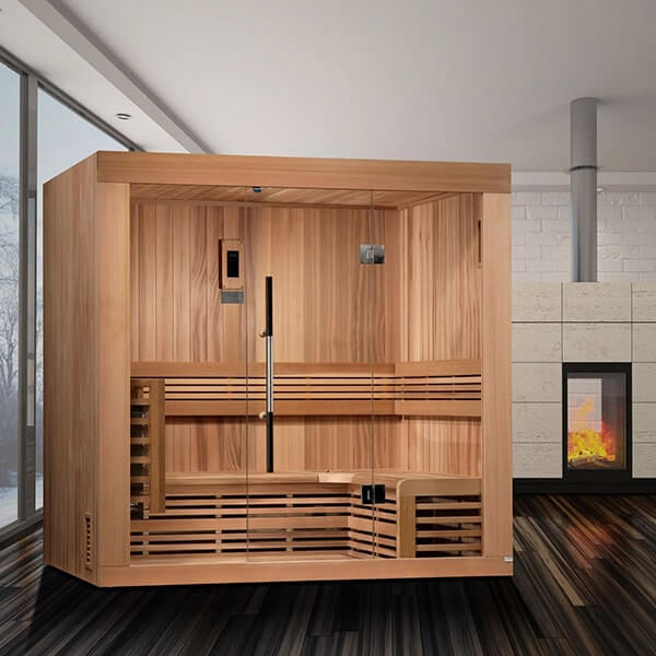 Golden Designs Copenhagen Edition 3 Person Traditional Steam Sauna - Canadian Red Cedar - Sauna assembled in a luxury room with fireplace