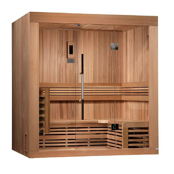 Golden Designs Copenhagen Edition 3 Person Traditional Steam Sauna - Canadian Red Cedar - Front view of wooden sauna