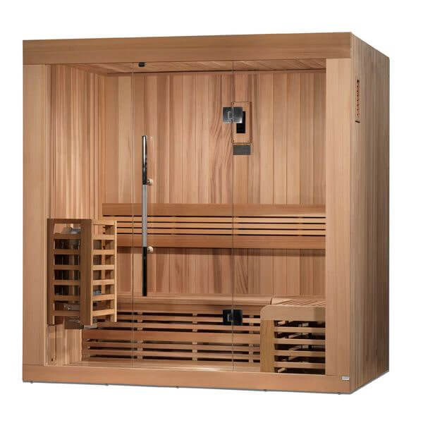 Golden Designs Copenhagen Edition 3 Person Traditional Steam Sauna - Canadian Red Cedar - 3D image of wooden sauna with a glass door and windows