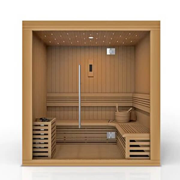 Golden Designs Copenhagen Edition 3 Person Traditional Steam Sauna - Canadian Red Cedar - Front 3D view from outside