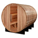 Golden Designs "Klosters" 6 Person Barrel Traditional Steam Sauna - Pacific Cedar - a wooden barrel with a door open