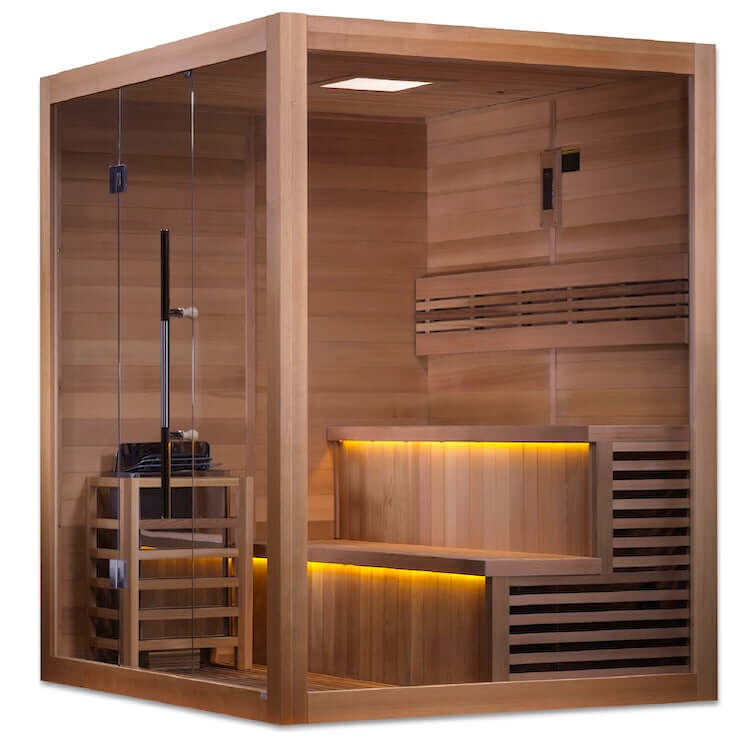 Golden Designs "Kuusamo Edition" 6 Person Indoor Traditional Steam Sauna - Canadian Red Cedar Interior - Side 3D view of a wooden sauna with glass doors