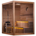 Golden Designs "Kuusamo Edition" 6 Person Indoor Traditional Steam Sauna - Canadian Red Cedar Interior - Side 3D view of a wooden sauna with glass doors