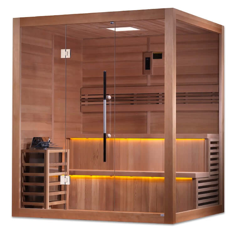 Golden Designs "Kuusamo Edition" 6 Person Indoor Traditional Steam Sauna - Canadian Red Cedar Interior - 3D view of a wooden sauna with glass door and orange lights below seats