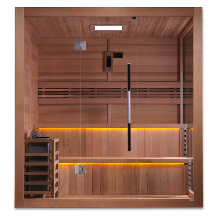 Golden Designs "Kuusamo Edition" 6 Person Indoor Traditional Steam Sauna - Canadian Red Cedar Interior - Front view of a wooden sauna with glass doors