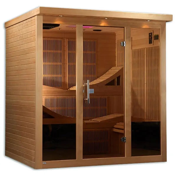 Golden Designs Monaco 6-person PureTech™ Near Zero EMF FAR Infrared Sauna (Canadian Hemlock) - 3D image of a wooden sauna with interior view from outside