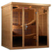 Golden Designs Monaco 6-person PureTech™ Near Zero EMF FAR Infrared Sauna (Canadian Hemlock) - 3D image of a wooden sauna with interior view from outside