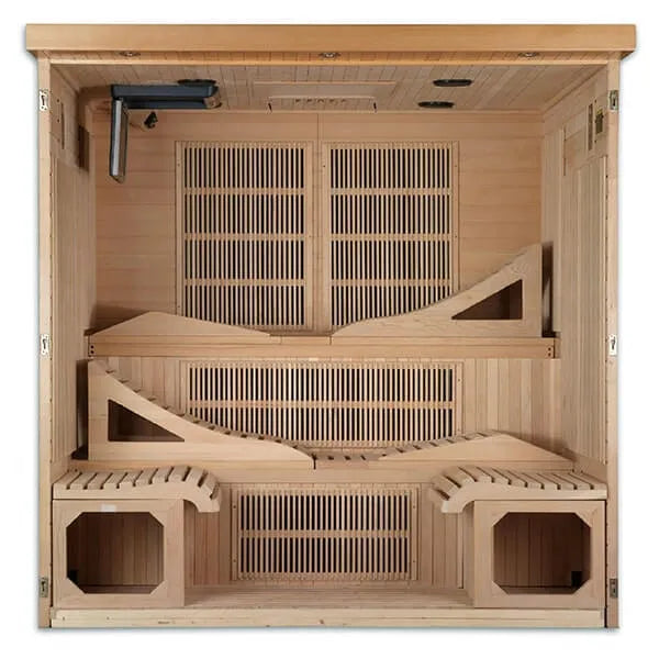 Golden Designs Monaco 6-person PureTech™ Near Zero EMF FAR Infrared Sauna (Canadian Hemlock) - Interior view without door