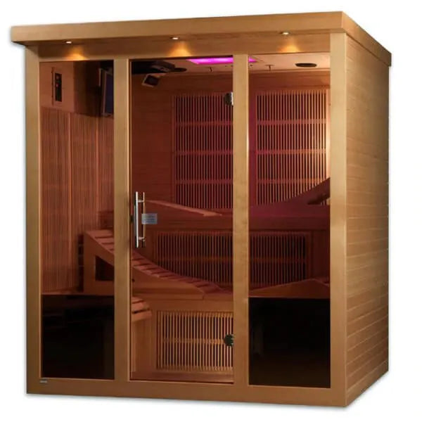 Golden Designs Monaco 6-person PureTech™ Near Zero EMF FAR Infrared Sauna (Canadian Hemlock) - Front view of a wooden sauna with a glass door and windows