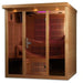 Golden Designs Monaco 6-person PureTech™ Near Zero EMF FAR Infrared Sauna (Canadian Hemlock) - Front view of a wooden sauna with a glass door and windows