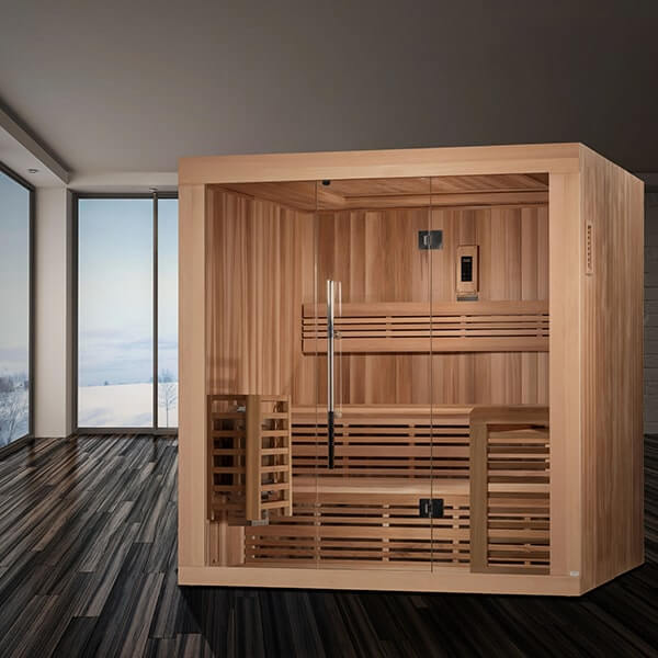 Golden Designs Osla Edition 6 Person Traditional Steam Sauna - Canadian Red Cedar - Set up in a room with modern wooden floor and big window