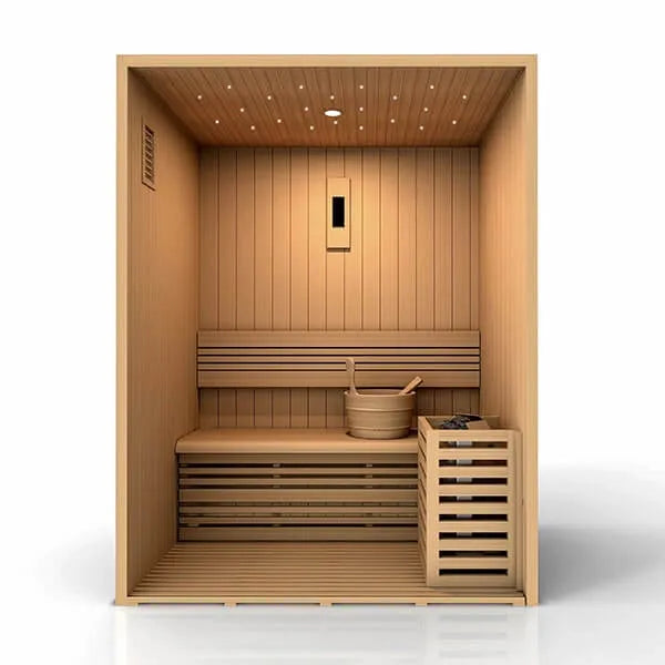Golden Designs Sundsvall 2 Person Traditional Steam Sauna - Canadian Red Cedar - Interior view with wooden bucket on the bench