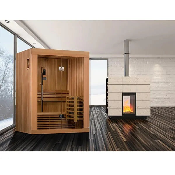 Golden Designs Sundsvall 2 Person Traditional Steam Sauna - Canadian Red Cedar - Assembled in a luxury room with white walls and a furnace
