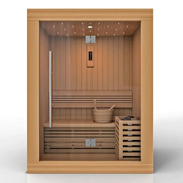 Golden Designs Sundsvall 2 Person Traditional Steam Sauna - Canadian Red Cedar - Front 3D view of sauna with wooden bucket on the bench