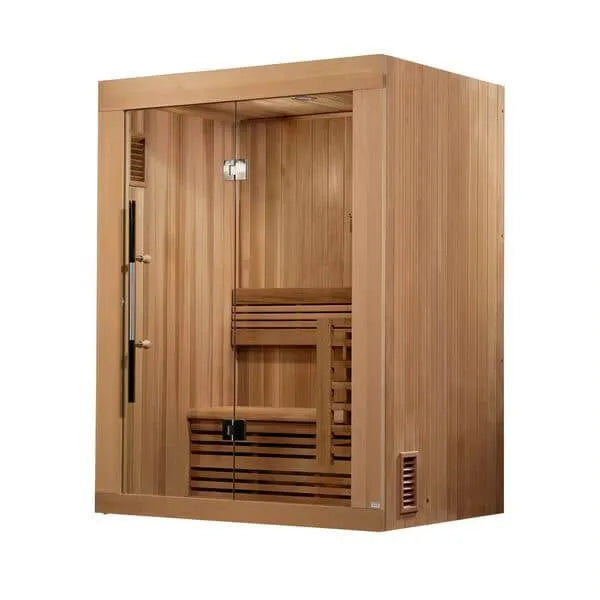 Golden Designs Sundsvall 2 Person Traditional Steam Sauna - Canadian Red Cedar - 3D view of wooden sauna with a glass door and window