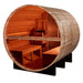 Golden Designs "Zurich" 4 Person Barrel with Bronze Privacy View - Traditional Steam Sauna - Pacific Cedar - a wooden barrel with a bench inside