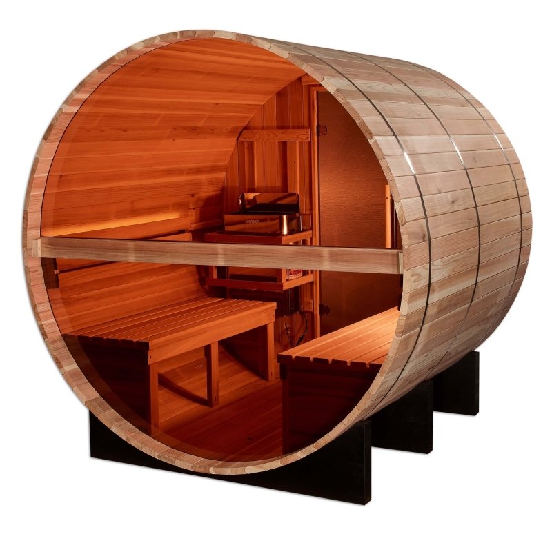 Golden Designs "Zurich" 4 Person Barrel with Bronze Privacy View - Traditional Steam Sauna - Pacific Cedar - a wooden barrel with a bench inside