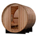 Golden Designs "Zurich" 4 Person Barrel with Bronze Privacy View - Traditional Steam Sauna - Pacific Cedar - a wooden barrel with a glass door