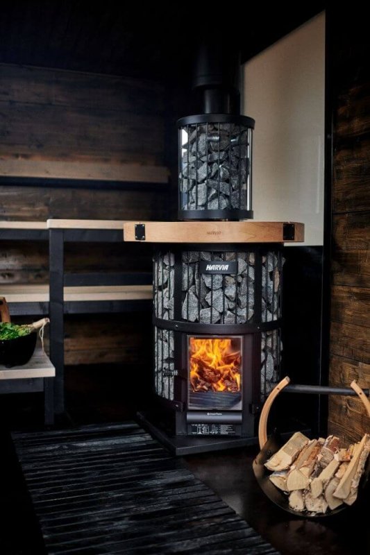 Harvia Legend GreenFlame Series 240 Wood Stove Sauna Heater - in a corner of a room