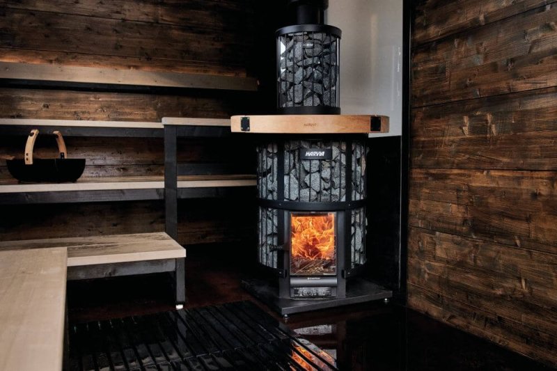 Harvia Legend GreenFlame Series 240 Wood Stove Sauna Heater - in an enclosed space inside a room