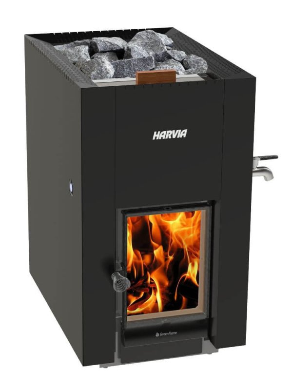 Harvia Linear 22 GreenFlame Series Wood Stove Sauna Heater - black metal box filled with rocks