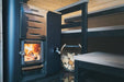 Harvia Pro Series 24.1 kW Wood Burning Sauna Heater with Water Tank - with flaming firewoods inside