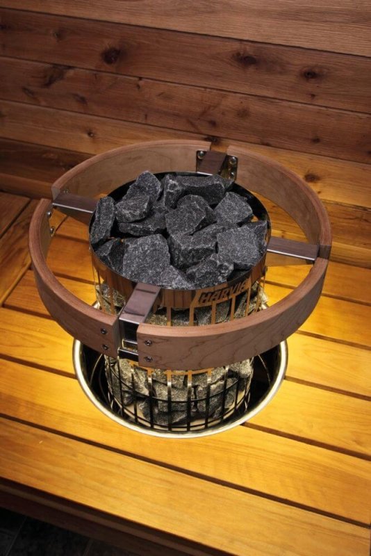 Harvia Safety Railing for Cilindro Half Series Sauna Heaters - attached to metal basket filled with rocks