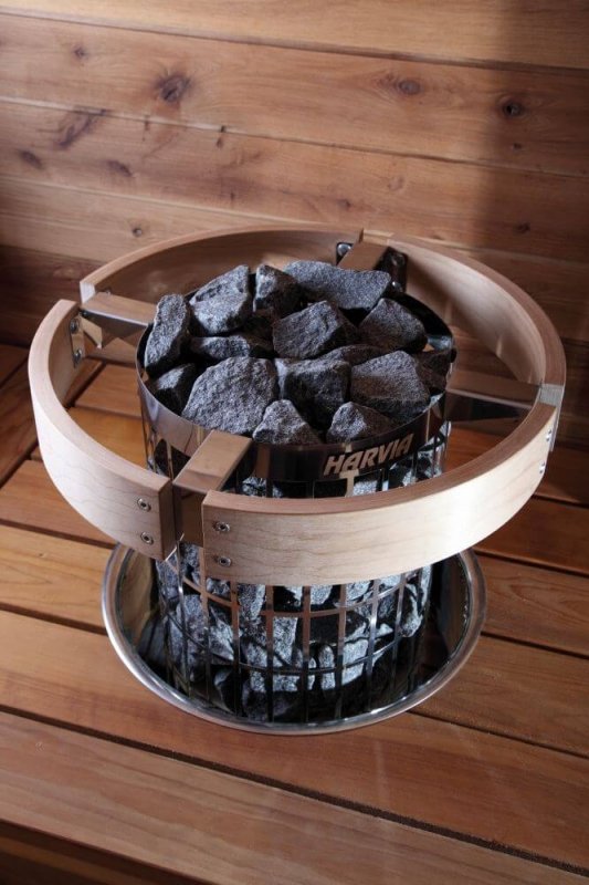 Harvia Safety Railing for Cilindro Half Series Sauna Heaters - bucket of rocks in a basket