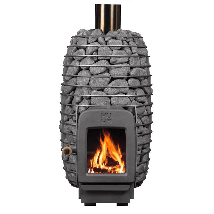 HUUM HIVE Heat Series 12kW LS Sauna Heater Package - flaming stove inside a metal basket filled with rocks